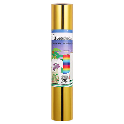 Gatichetta Heat Transfer Vinyl Roll, Metallic Foil Gold Iron On Vinyl 12" X 6ft Chrome HTV Vinyl for Garments