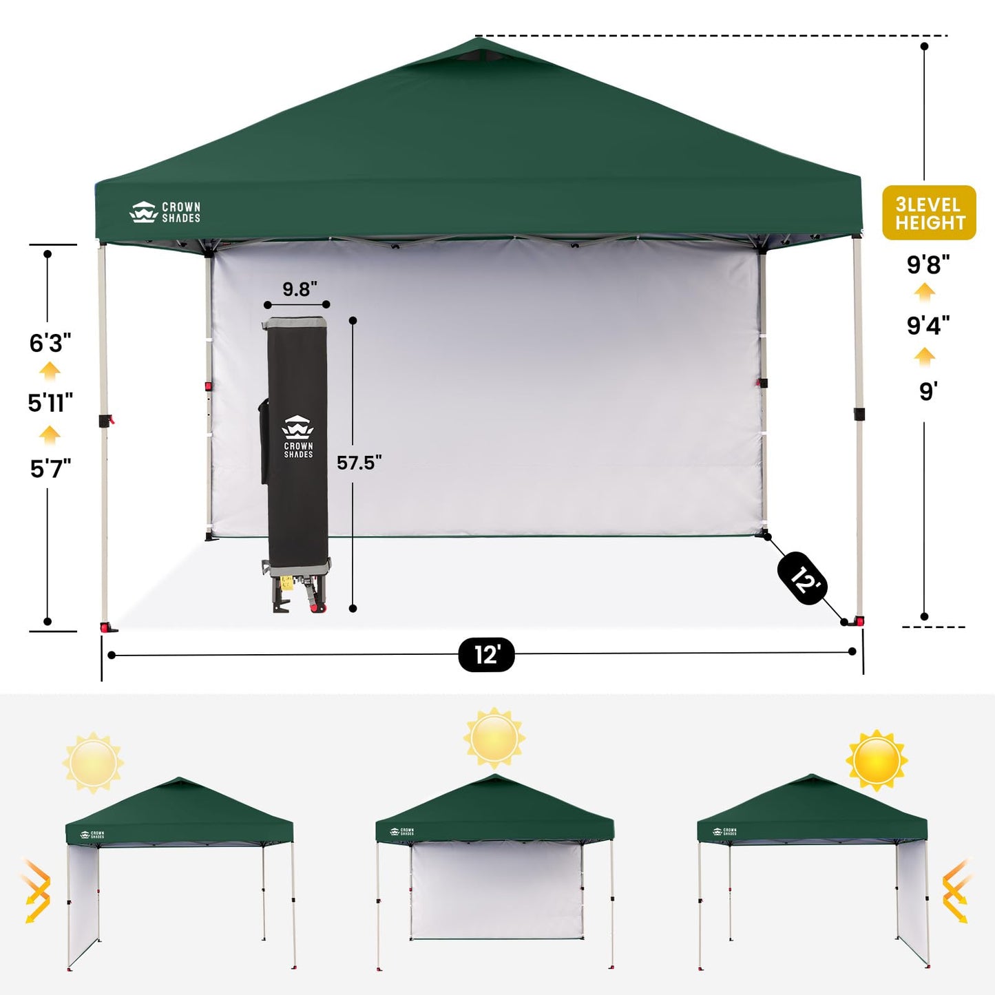CROWN SHADES Pop Up Canopy with 1 Side Wall - Beach Tent with One Push Setup - Outdoor Sun Shade for Events, Parties, Camping - Gazebo with STO-N-Go Cover Bag, Forest Green, 12x12FT