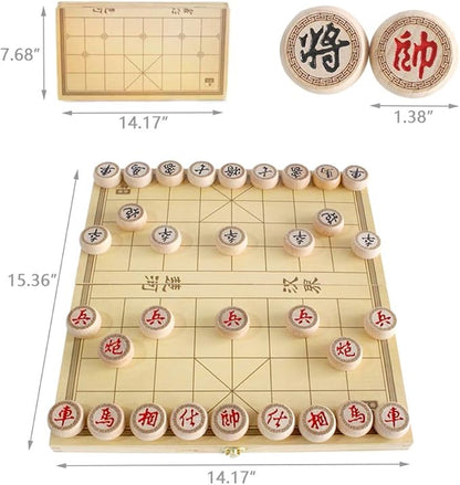 14 Inch Wooden Foldable Chinese Chess Xiangqi Travel Game Set with Wooden Chess Pieces Traditional Tabletop Strategy and Skill Game for Teens Adults