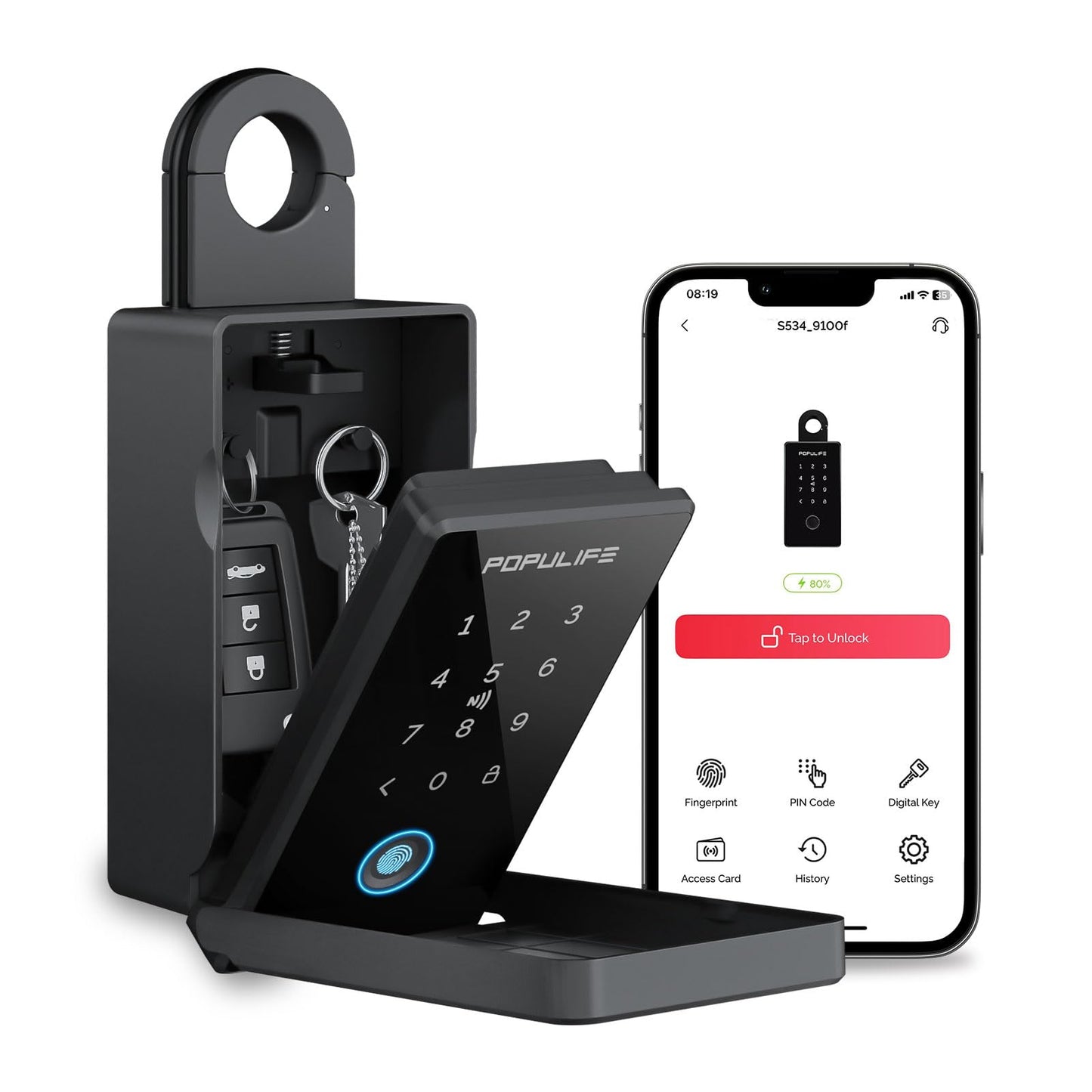 Populife Smart Fingerprint Lock Box for Keys with Code, Wireless Remote Access Key Lock Box for Outside, Digital Key Lockbox for Realtor Airbnb, Work Offline