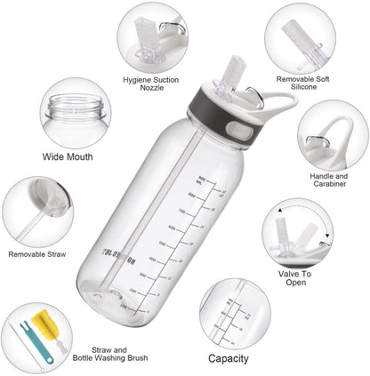 Water Bottle BPA-Free 32oz Water Bottles with Straw Lid Leakproof Tritan Water Jugs Dishwasher Safe Drinking for Home Fitness Outdoor Hiking Workouts