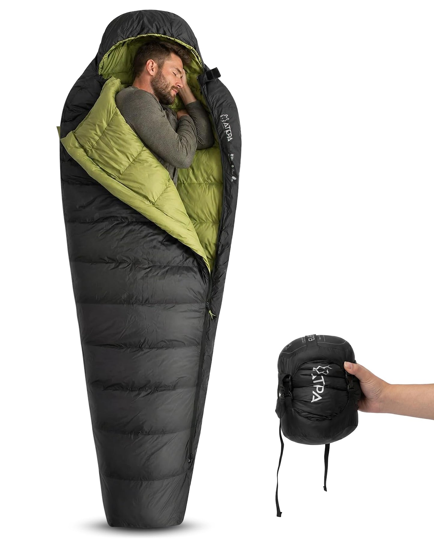 ATEPA 700FP Down Sleeping Bag for Adults, Ultralight 0 Degree Mummy Sleeping Bag with RDS Down & Recycled 15D Nylon Shell for Backpacking Camping Hiking, ISO Limit 35°F, Black
