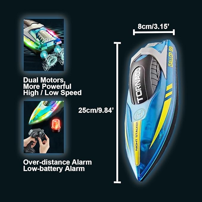 RC Boat with LED Light for Kids 15KM/H 2.4G Remote Control Boat with LED Lights RC Electric Boats for Pools and Lakes with Rechargable Batteries Toy for Adults and Kids