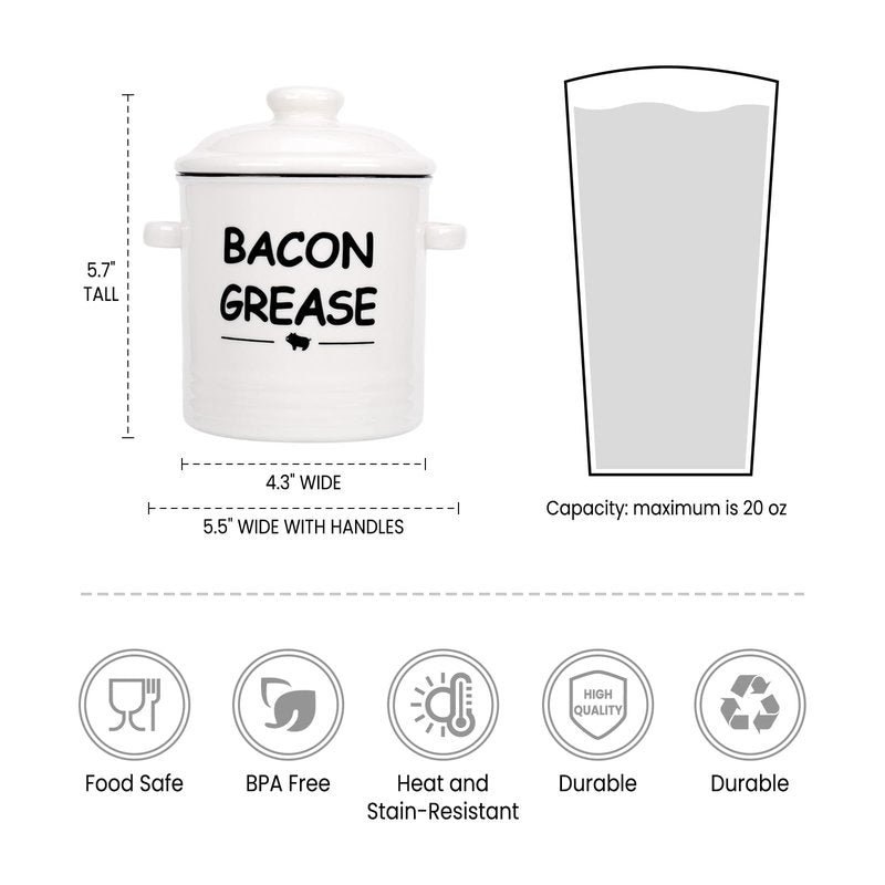 SOLIGT Ceramic Bacon Grease Container with Strainer - 600ml / 20oz Farmhouse Bacon Grease Keeper with Easy-Grip Handle, Bacon Fat Can for Grease Drippings and Storage - Creamy-white