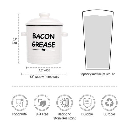 SOLIGT Ceramic Bacon Grease Container with Strainer - 600ml / 20oz Farmhouse Bacon Grease Keeper with Easy-Grip Handle, Bacon Fat Can for Grease Drippings and Storage - Creamy-white
