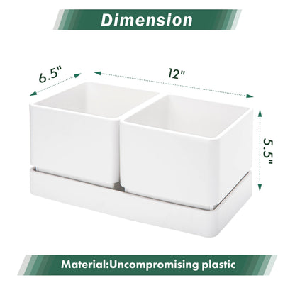 D'vine Dev Indoor Herb Garden Planter Set, Plastic Windowsill Plant Pots with Drainage and Saucer, Indoor Succulent Cactus Vegetable Pot for Balcony, Office, Garden, White, Set of 2, 76-Q-A-2
