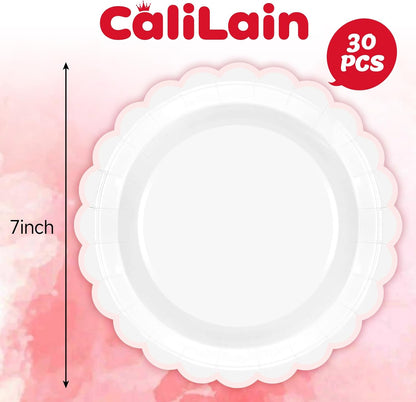 Regine Switzerland 30 Pcs Pink & White Paper Plates - 7 Inch Scalloped Design for Parties & Events