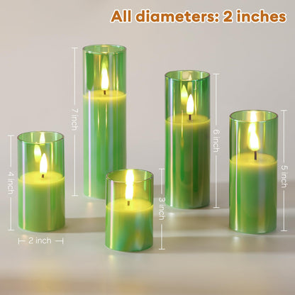 Girimax Green Glass Flameless Pillar Candles with Remote Batteries, Flickering Slim Tall LED Wax Candles Set of 5