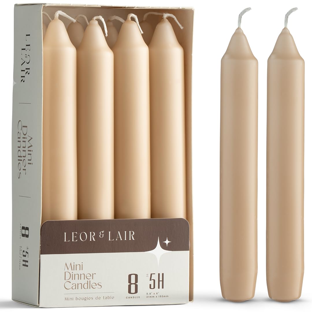Leor & Lair Beige Candlesticks – Pack of 8 Unscented Short Candle Sticks with Cotton Wick – 5 Hour Burn 6 Inch Taper Candles for Rustic Table Candles & Everyday Dinner