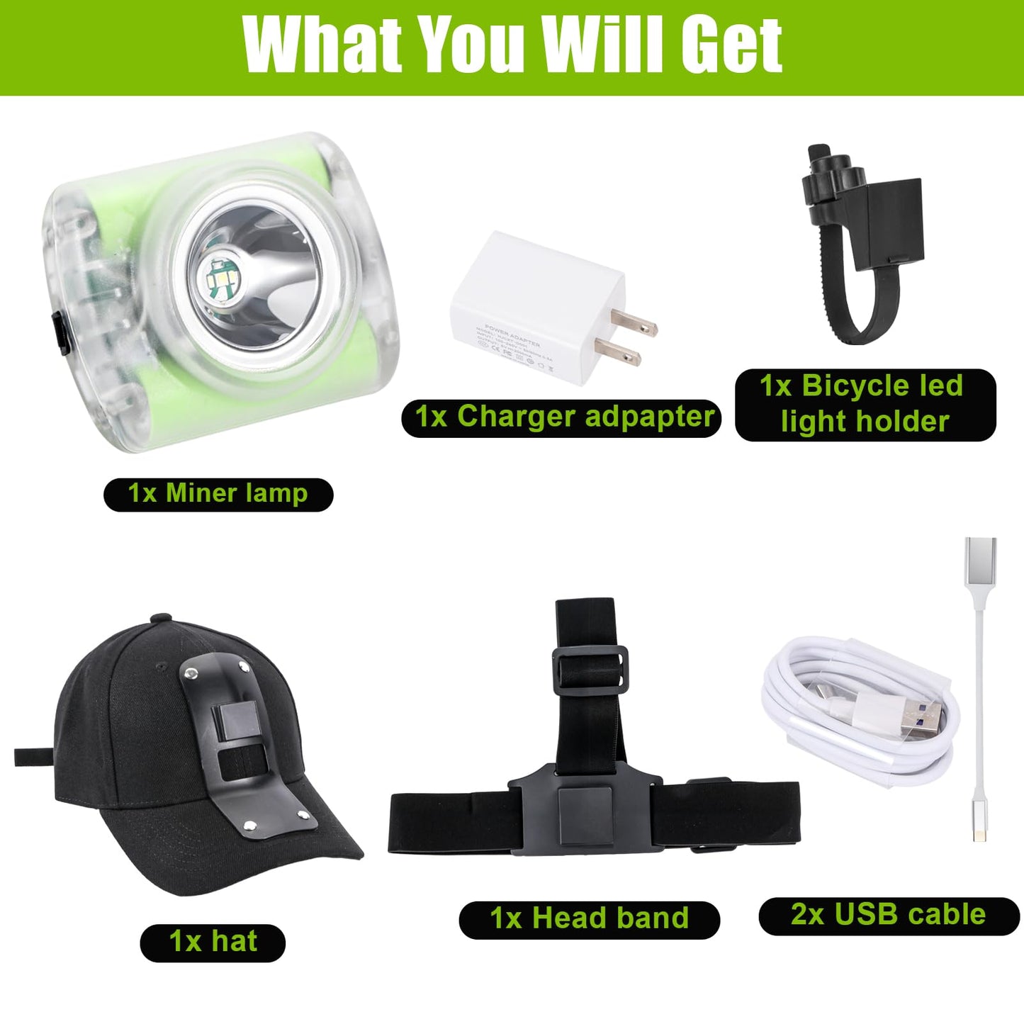 Vanvale High-Power Rechargeable LED Mining Headlamp, Lightweight IP68 Waterproof Hard Hat Helmet Light for Miners, Outdoor Work, Hiking, Camping, Caving, Emergency Use (Miner Light Kit + Black hat)