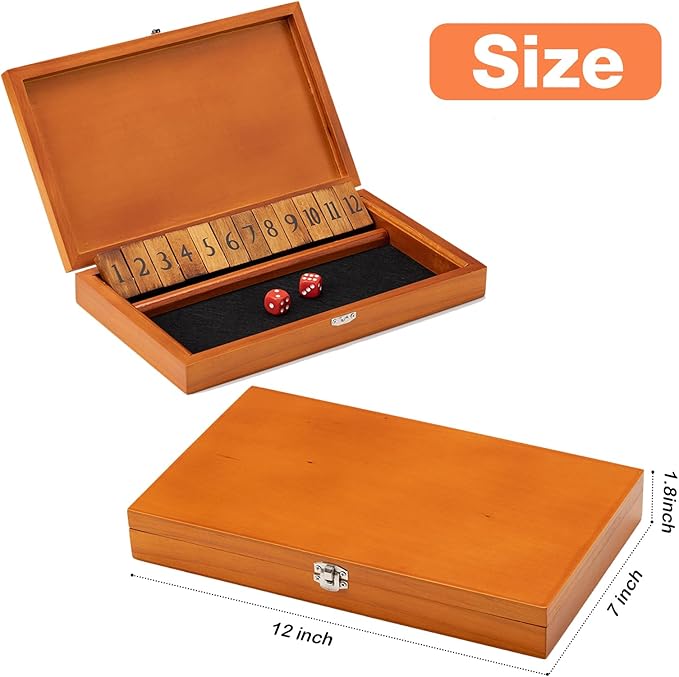 Shut The Box Dice Game with 12 Numbers and Lid Wooden Classic Board Game with 4 Dice Gift Package &amp Game Rules Close The Box Game for Kids Adults Family Classroom Home &amp Pub