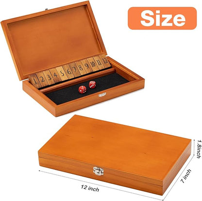 Shut The Box Dice Game with 12 Numbers and Lid Wooden Classic Board Game with 4 Dice Gift Package &amp Game Rules Close The Box Game for Kids Adults Family Classroom Home &amp Pub