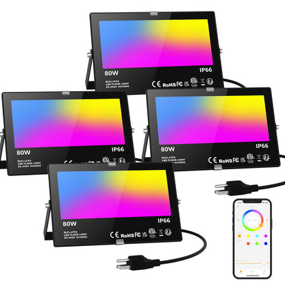 LED Flood Light Outdoor 800W Equivalent 8000LM, Smart RGB Color Changing Landscape Lighting with APP Control, IP66 Waterproof Outdoor LED Lights Daylight 5700K, DIY Scenes, Timing Floodlights, 4 Pack