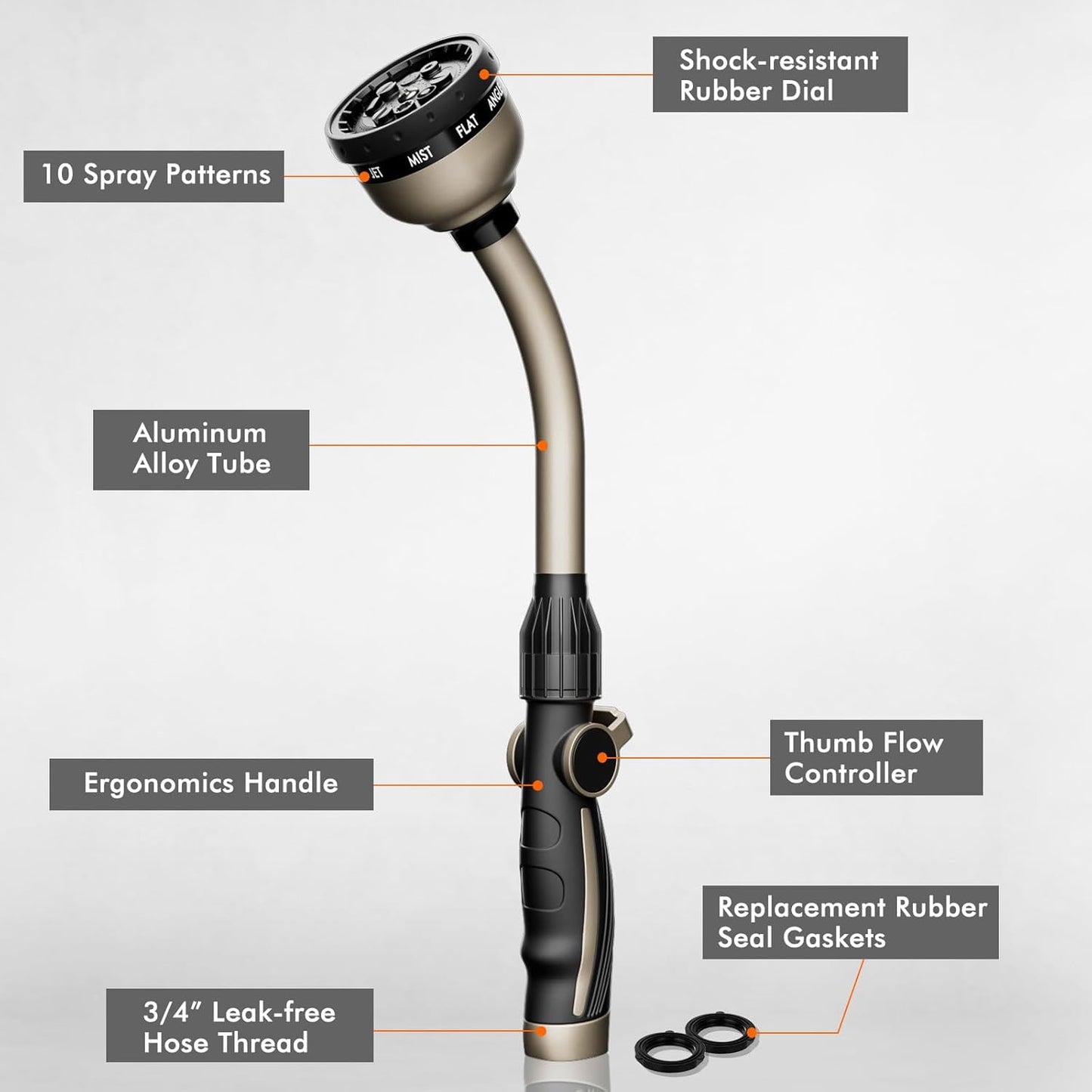 RESTMO Heavy-Duty Watering Wand - 10 Spray Patterns, 15-Inch Metal Hose Nozzle with Thumb Control for Hanging Baskets & Shrubs