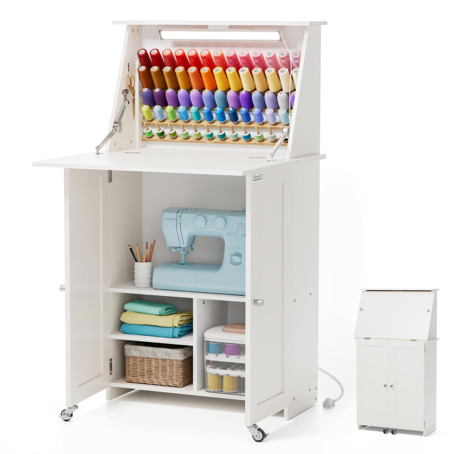 Crafit Sewing Table, Sewing Machine Desk with Under Cabinet Lights, Charging Station, 65 Spools Thread Rack Multipurpose Craft Storage Workspace Tables with Organizer Shelves, Compact Design