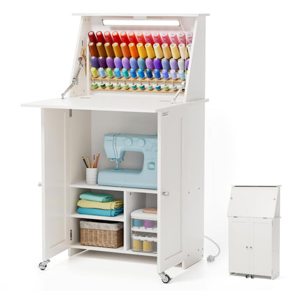 Crafit Sewing Table, Sewing Machine Desk with Under Cabinet Lights, Charging Station, 65 Spools Thread Rack Multipurpose Craft Storage Workspace Tables with Organizer Shelves, Compact Design