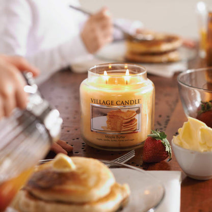 Village Candle Maple Butter 16 oz Glass Jar Scented Candle, Notes of Maple, Vanilla, Butter, Honey, Sugar, Featuring Dual Wick, Medium