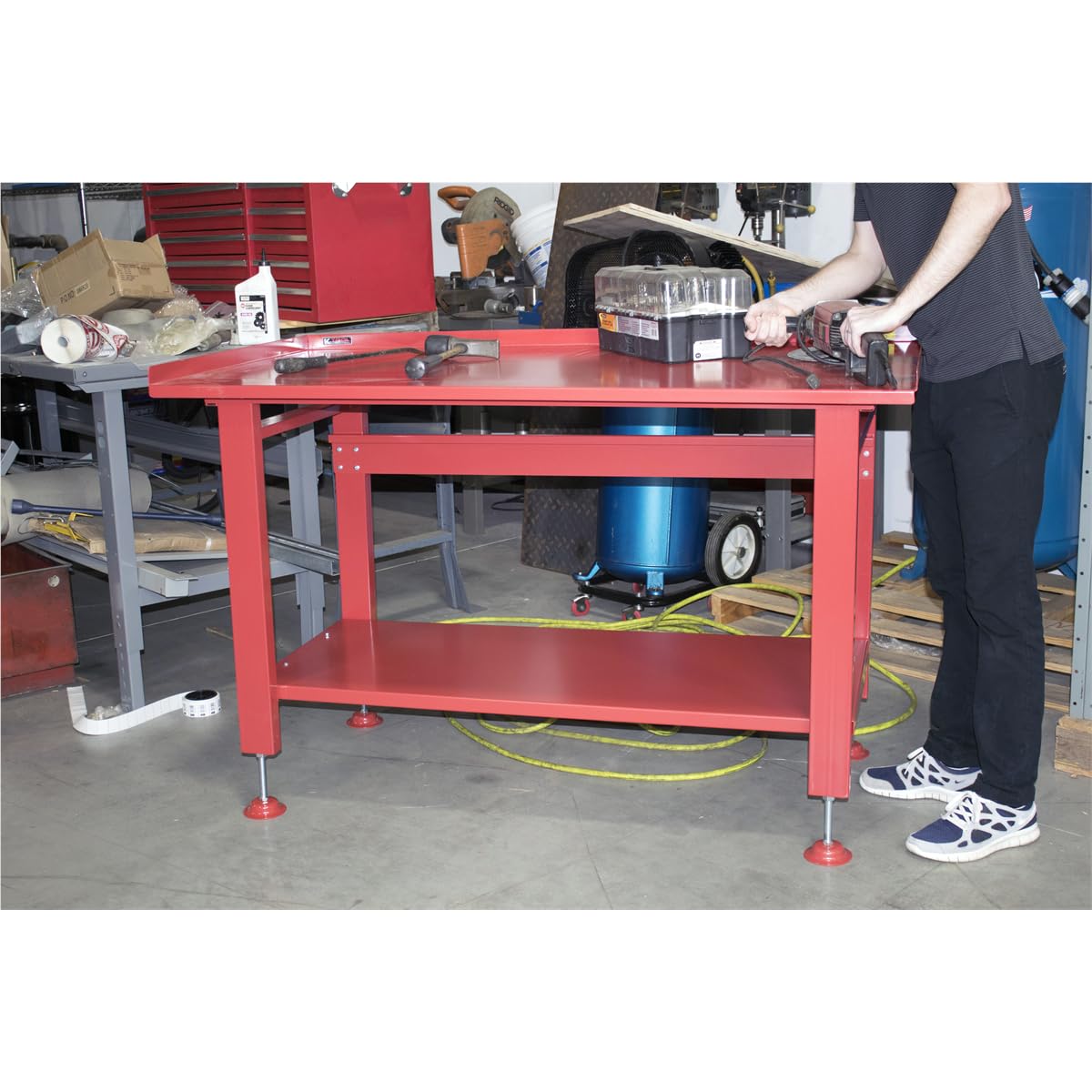 K Tool International 75111 60" x 34" Heavy Duty Work Table for Garages, Repair Shops and DIY, 1200 lb., 31" Height, Raised Edges, Bottom Shelf, Leveling Feet, 13 Gauge Steel, Powder Coated Finish, Red