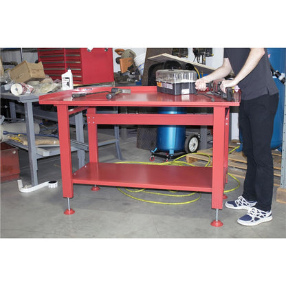 K Tool International 75111 60" x 34" Heavy Duty Work Table for Garages, Repair Shops and DIY, 1200 lb., 31" Height, Raised Edges, Bottom Shelf, Leveling Feet, 13 Gauge Steel, Powder Coated Finish, Red