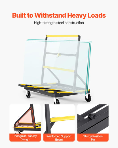 VEVOR Drywall Cart Dolly, 1800 lbs Load Capacity, Steel Panel Dolly with 4 Swivel Casters & Expandable Deck, Foldable Panel Truck Cart with Tie-Down Strap for Handling Plywood, Plasterboard, Glass