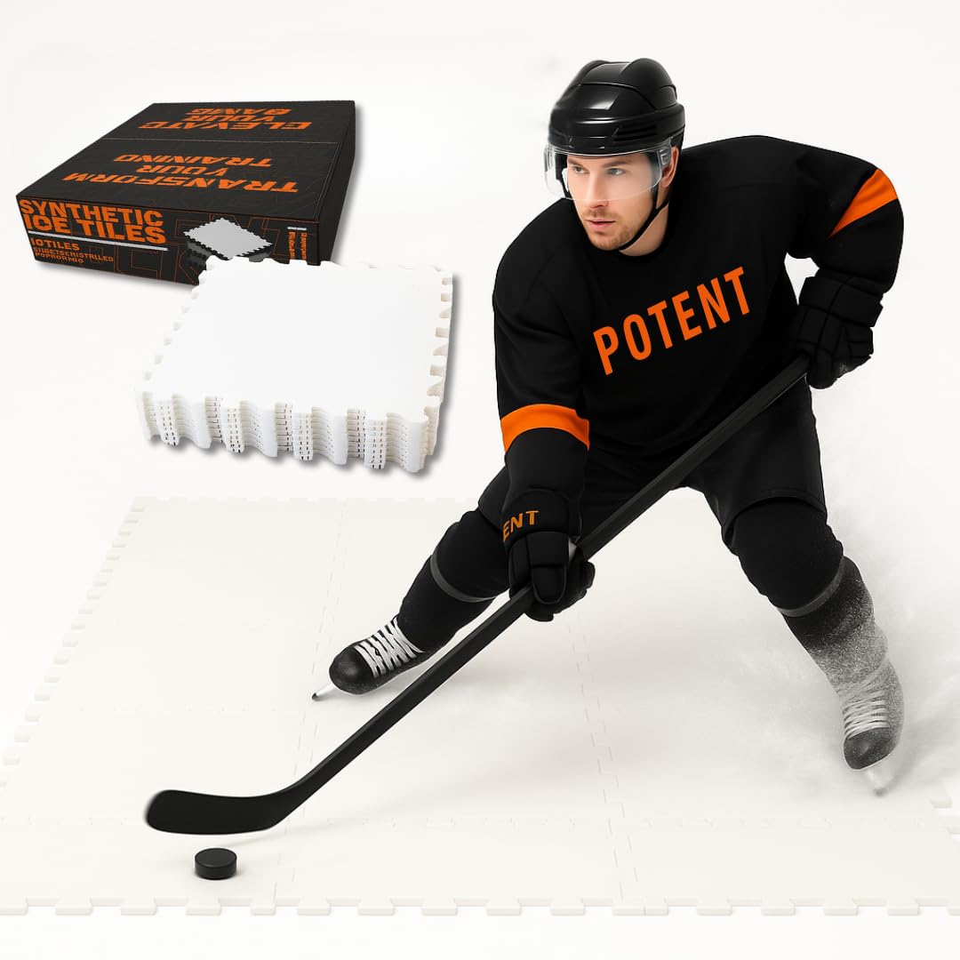 Potent Skateable Synthetic Ice Hockey Tiles - (1 Box, 21.6 SQFT) – Artificial Ice Rink Tiles for Home Hockey Training – Easy Interlocking Assembly, Expandable Design, Durable Self-Lubricating Surface