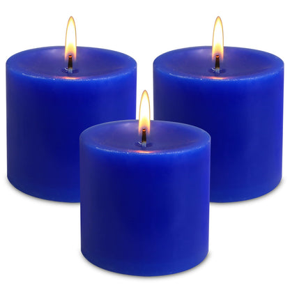 3 Pack Unscented Royal Blue Pillar Candles, 40 Hour 3x3 Inch Dripless Tapered Fat Column Cylinder Candles for Valentine's Day Home Party Holidays