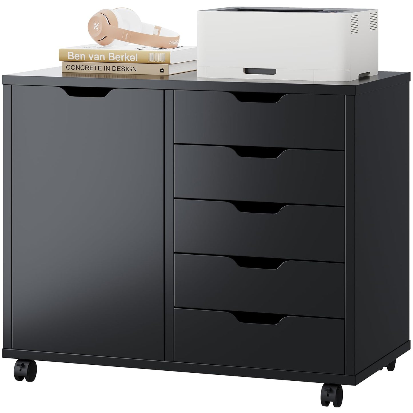 DUMOS 5 Drawer File Cabinet Office Drawers Organizer with Wheels Rolling, Under Desk Cabinets with Shelves and Door Printer Stand with Wood Board Metal Frame for Home Office Storage Craft Room, Black