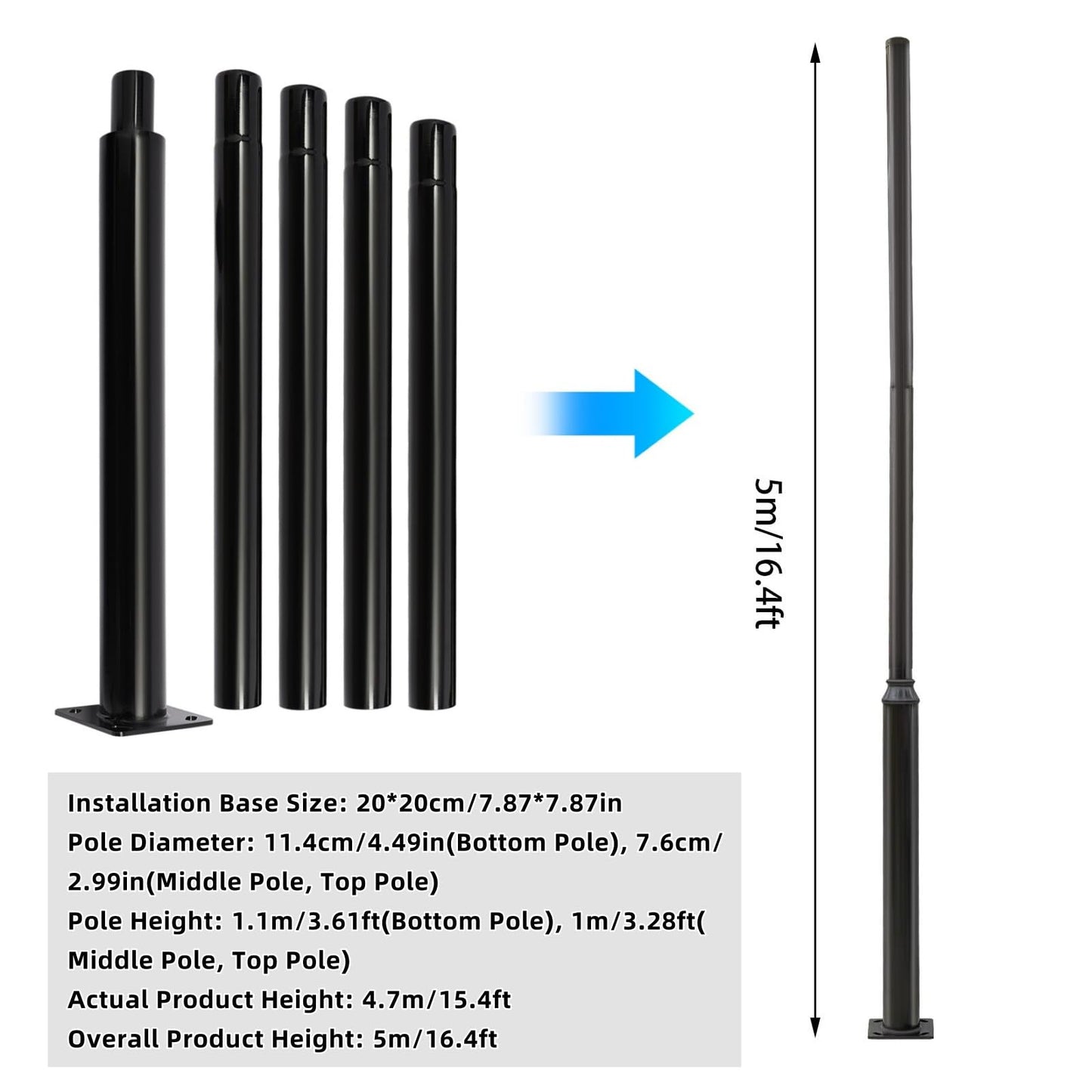 Lemoeyes Street Light Pole, 16ft Tall Split Street Lamp Post for Outdoor Street Courtyard Parking Lot Lighting Post Fixtures with Mounting Ground Cage (16FT 114+76mm)