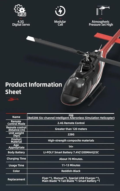 Hanll YUXIANG F08 Bell 206 RC Helicopter for Adults 1/27 2.4G 6CH Brushless Direct-Drive 6G Flybarless RC Helicopter with 6-Axis Gyro Optical Flow Positioning RTF/ 2 Battery