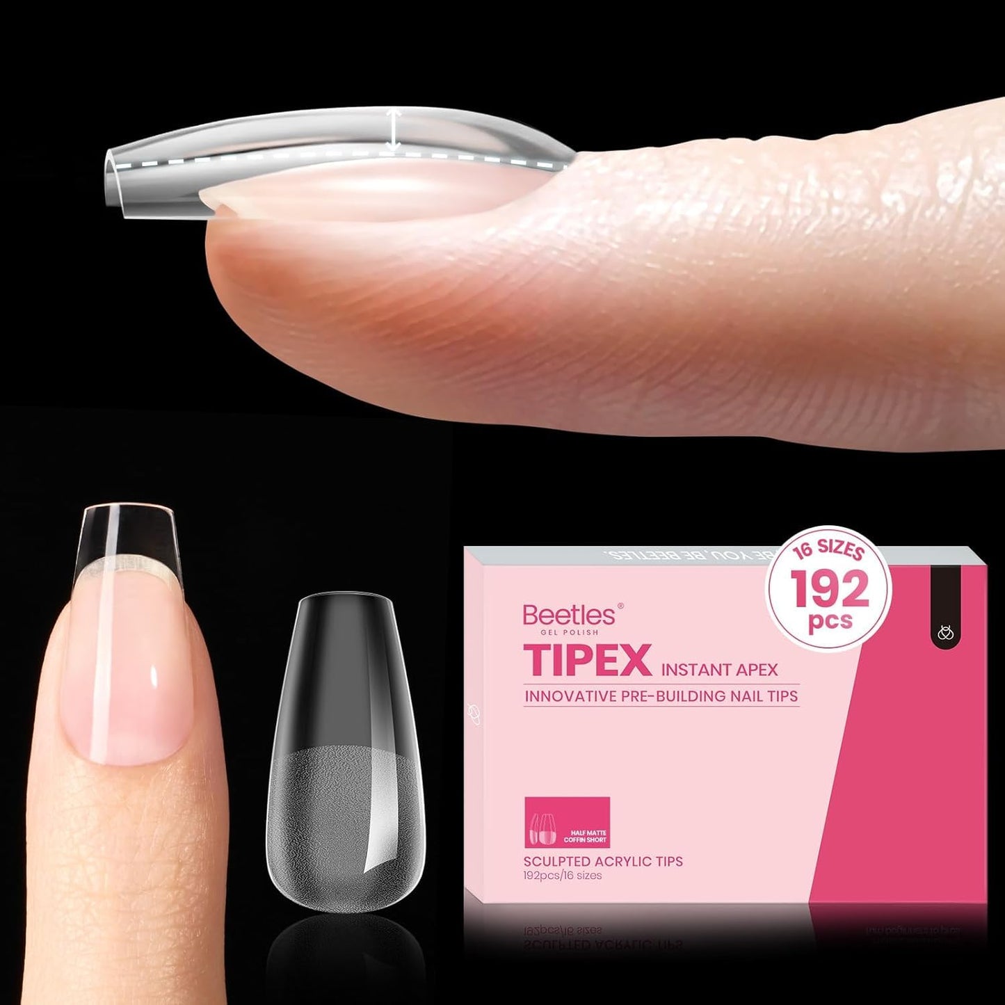 Beetles Tipex Gel Nail Kit, Medium Almond Nail Tips 224 Pcs 16 Sizes Pre-Building Pre-Etched Thick Acrylic Tips with Tipex Glue, Mini Lamp