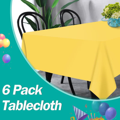 tujol Yellow 6 Pack Plastic Table Cloth 54" x 108", Disposable Tablecloths Rectangle Table Cover, Plastic Tablecloths for Parties