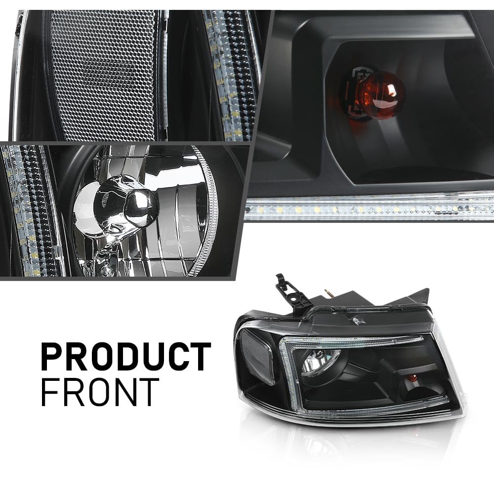 LED DRL Headlight Assembly Front Headlamp,Compatible with Ford F150 2004-2008,Fit Lincoln Mark LT 2006-2008,NOT Fit 2004 F150 Heritage/Flareside Beds Models,Clear Lens Black Housing Clear Reflector