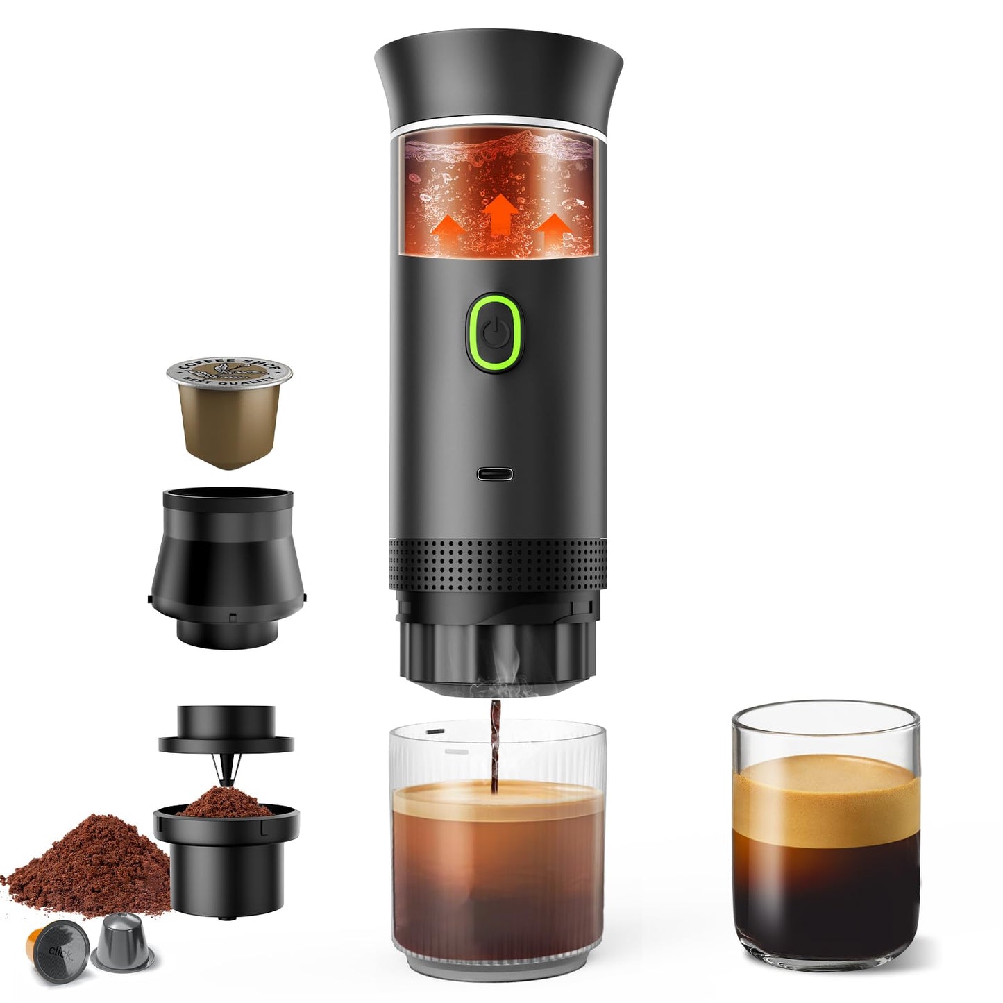 Zordin Portable Battery Espresso Coffee Maker for Travel, 20 bar Mini Car Espresso Machines, 3-in-1 Self-Heating Electric Espresso Maker, USB-C Ground Coffee & Capsule Pod(Ns&DG) RV, Hiking, Office