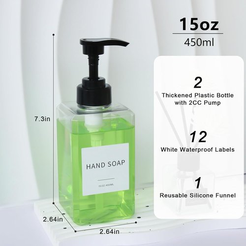 Clear Soap Dispenser - Waterproof Labels & Thickened Plastic | 15oz 2-Pack for Bathroom & Kitchen