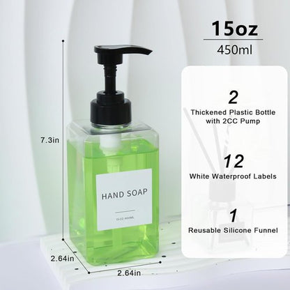 Clear Soap Dispenser - Waterproof Labels & Thickened Plastic | 15oz 2-Pack for Bathroom & Kitchen