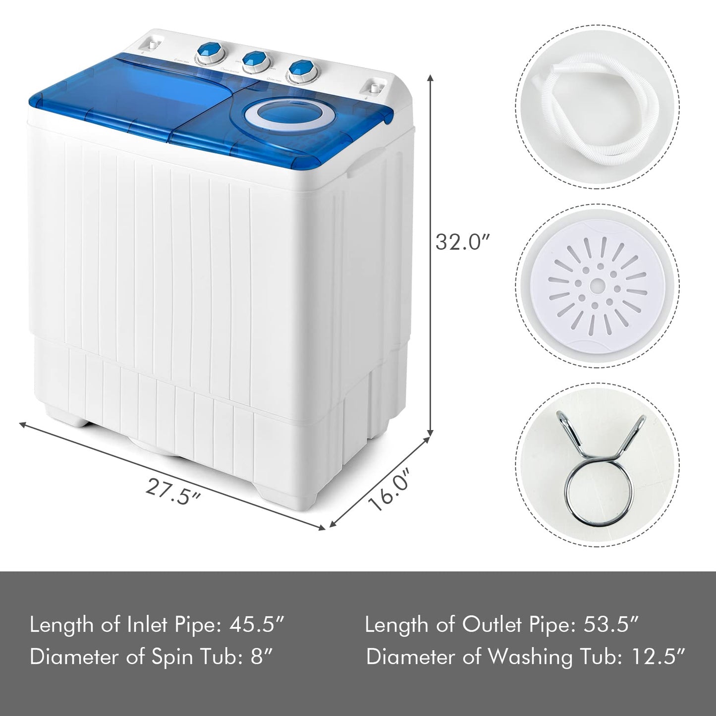 COSTWAY Portable Washing Machine, Twin Tub 26lbs Capacity Laundry Washer, 18lbs Washer and 8lbs Spinner Combo with Timer Knobs, Built-in Drain Pump, Compact Washer for Home Dorm Apartment, Blue+White