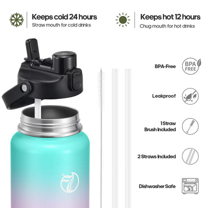 Half Gallon Insulated Water Bottle With 2-in-1 Lid (Chug/Straw), 64oz Double Walled Vacuum Stainless Steel, Wide Mouth Insulated Thermos Water Jug