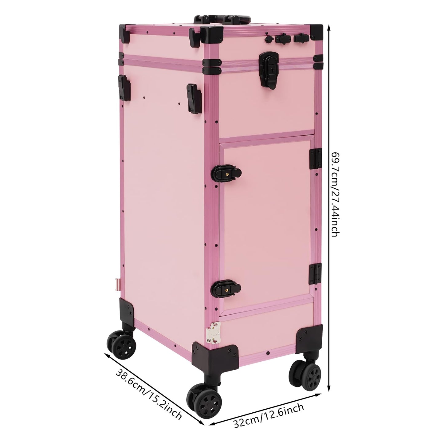 faoeqqEga 3 Tier Rolling Makeup Case w/Mirror, 110 Lbs Foldable Beauty Station w/Lighted Vanity, Aluminum Frame Travel Cosmetic Organizer for Stylist & Salon (Pink)