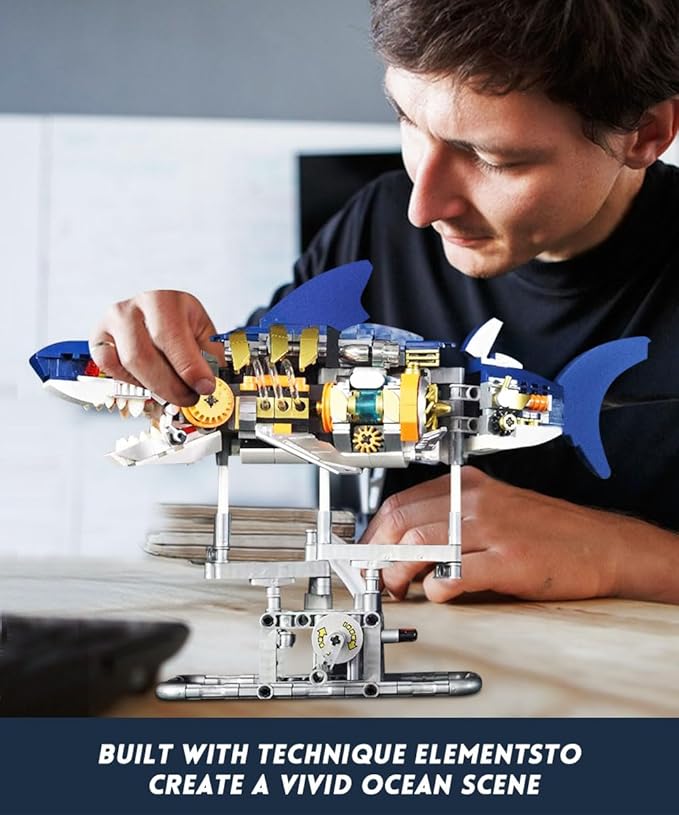 Ideas Mechanical Shark Building Set - with Display Stand and Light Marine Animal with Linkage Function for Adults Ocean &amp Mechanical Enthusiasts. (Compatible with Legos)
