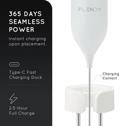 Flendy Rechargeable Milk Frother - Handheld Electric Drink Mixer with USB-C Charging Stand | Perfect for Coffee & Matcha