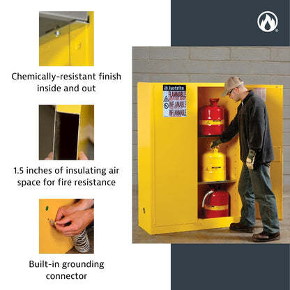 Justrite 12 Gallon Manual Close Piggyback Flammable Storage Cabinet, 18 Gauge Steel, 2 Door Fire Cabinet, 18" x 43" x 18", Made in The USA, Yellow, 891300