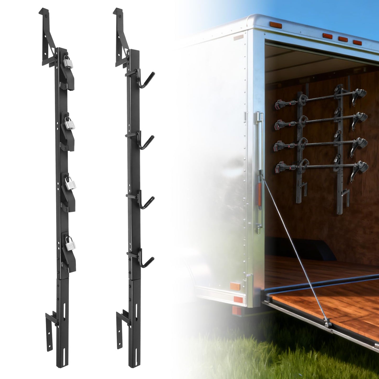 DEWHONETE 4 Place Trimmer Weed Eater Rack for Enclosed and Open Trailer Walls Landscape Truck Weedeater Rack Carrier Holder with 4 Lock-Black