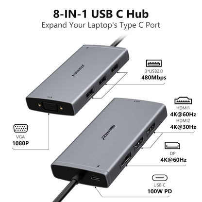 USB C Docking Station Dual Monitor for Dell/HP/Lenovo/Surface Laptop, 14 in 1 Triple Display Hub Multiple Adapter, Dongle with 2 HDMI 4K+VGA+5 Port+100W PD Charger+Ethernet+SD/TF+Audio