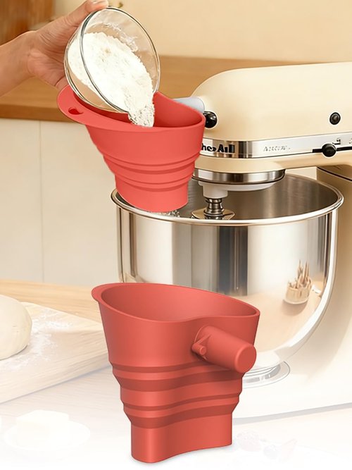 Flour Funnels for Kitchen Stand Mixer - Food-Grade Silicone, Large-Capacity Anti-Spill Attachment | Dishwasher Safe - Red