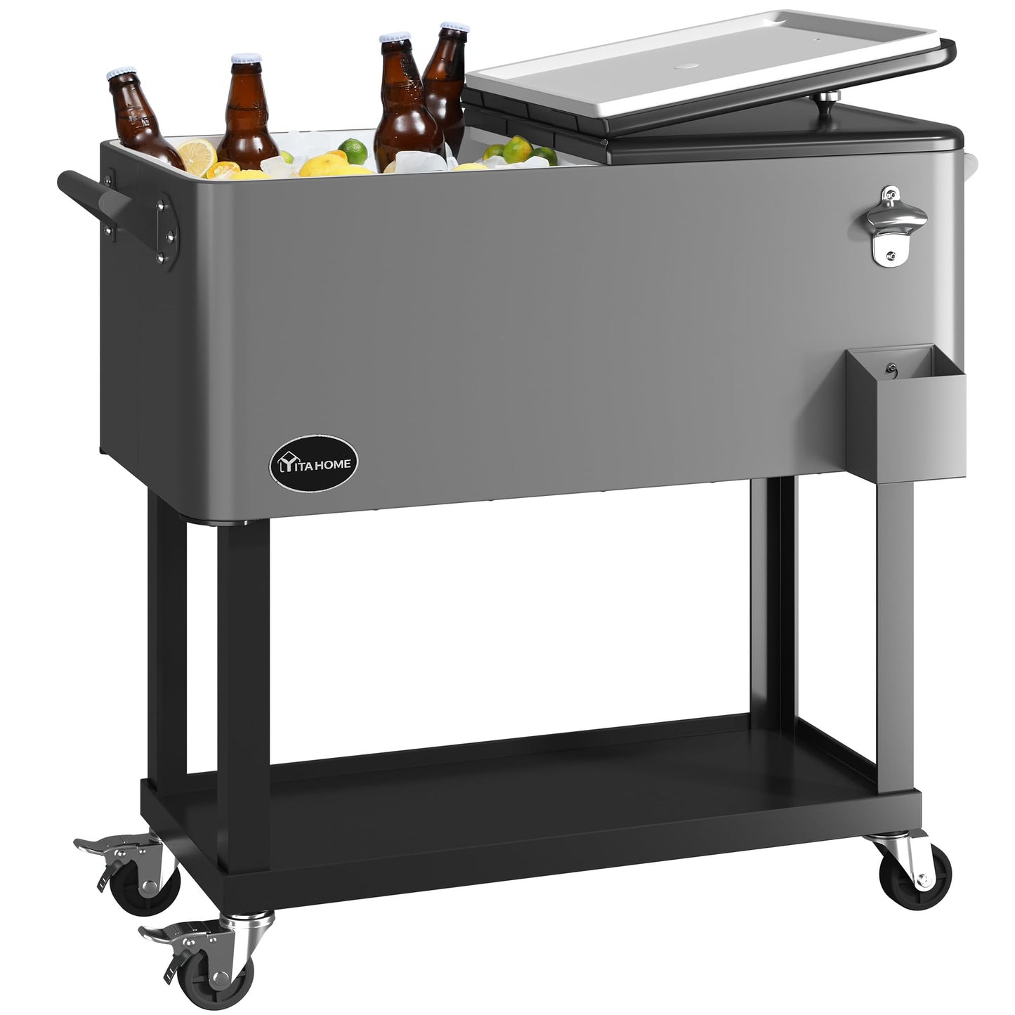 YITAHOME 80 Quart Rolling Cooler Cart with Bottle Opener Drainage, Portable Patio Cooler Rolling on Wheels, Outdoor Rolling Beverage Cart Drink Cooler for Patio Pool Deck Party BBQ Cookouts (Silver)