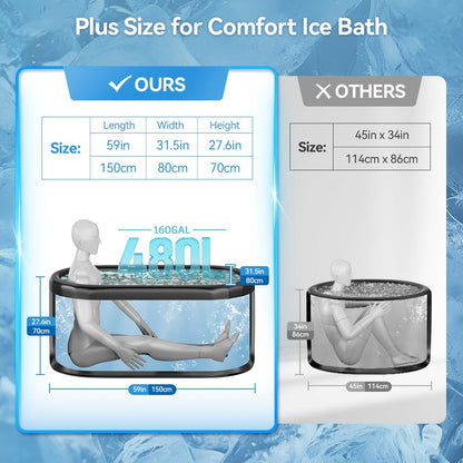 Upgrade Ice Bath Tub for Athletes XL 160 Gal - Water Chiller Compatible Cold Plunge, Athletes Recovery - Inflatable Ice Bath at Home Outdoor, Portable, Insulated Thermal Lid Cold
