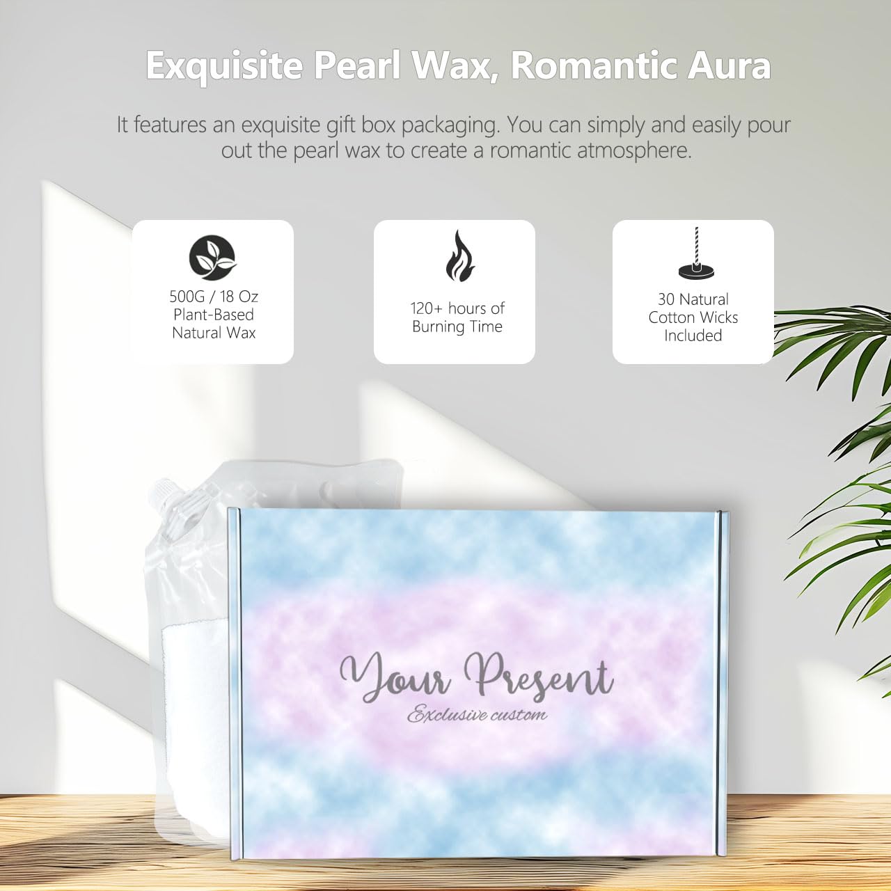 kitrax Pearled Candle 18 Oz - Nature Unscented Non Toxic Luxury Long Lasting Powder Candles - Lasts up to 120 Hours - Refillable Candle Sand with 30 Wicks for DIY Candle Making