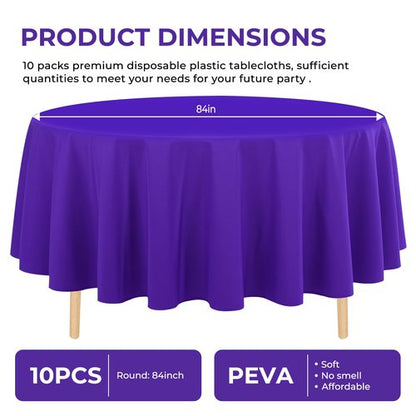 JHDZDHY 10 Pack Premium Disposable Plastic Tablecloth 84" Round Table Cover for Birthdays Weddings Christmas Anniversary Buffet Table (Purple)