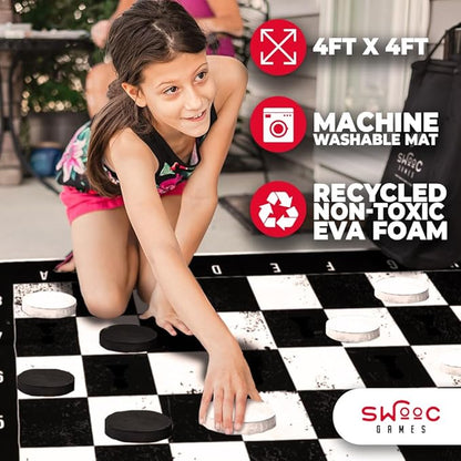 Swooc Games - 3-in-1 Giant Chess Checkers &amp Chess Tac Toe Game with Mat (4ft x 4ft) - Machine-Washable Canvas &amp 5 Big Foam Discs - Giant Chess Set Outdoor &amp Checkers Board Game for Adul