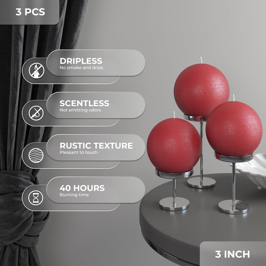 CANDWAX Set of 3 inch Round Ball Candles Set of 3 - Perfect as Christmas Decoration and as Spheres for Home Decor - Unscented Smokeless Dripless Long Burning Dark Red Candles